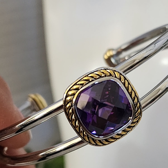 Silver Open Cuff Bracelet with Amerhyst Purple Crystal Stone - Picture 4 of 11